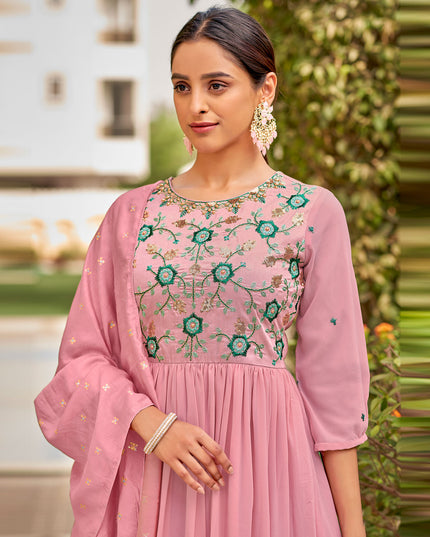 Laxmipati Baby Georgette Rose Pink Sequence Embroidery Full Length Georgette Gown With Fancy Viscoss Duppata