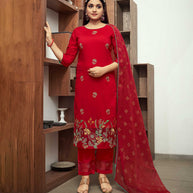 Laxmipati Candey Red Straight Cut Kurti, Pant & Dupatta