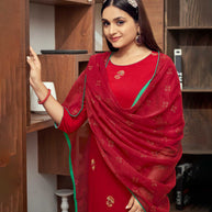 Laxmipati Candey Red Straight Cut Kurti, Pant & Dupatta