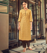 Laxmipati Cotton Yellow Straight Cut Kurti With Pant