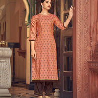 Laxmipati Cotton Orange Straight Cut Kurti With Pant