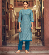 Laxmipati Cotton Sky Blue Straight Cut Kurti With Pant