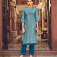 Laxmipati Cotton Sky Blue Straight Cut Kurti With Pant