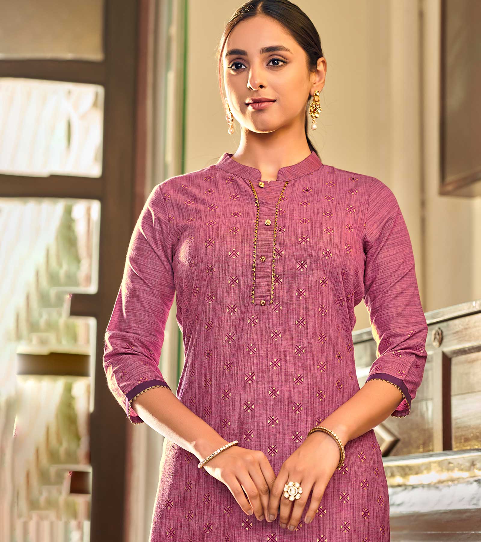 Laxmipati Cotton Pink Straight Cut Kurti With Pant