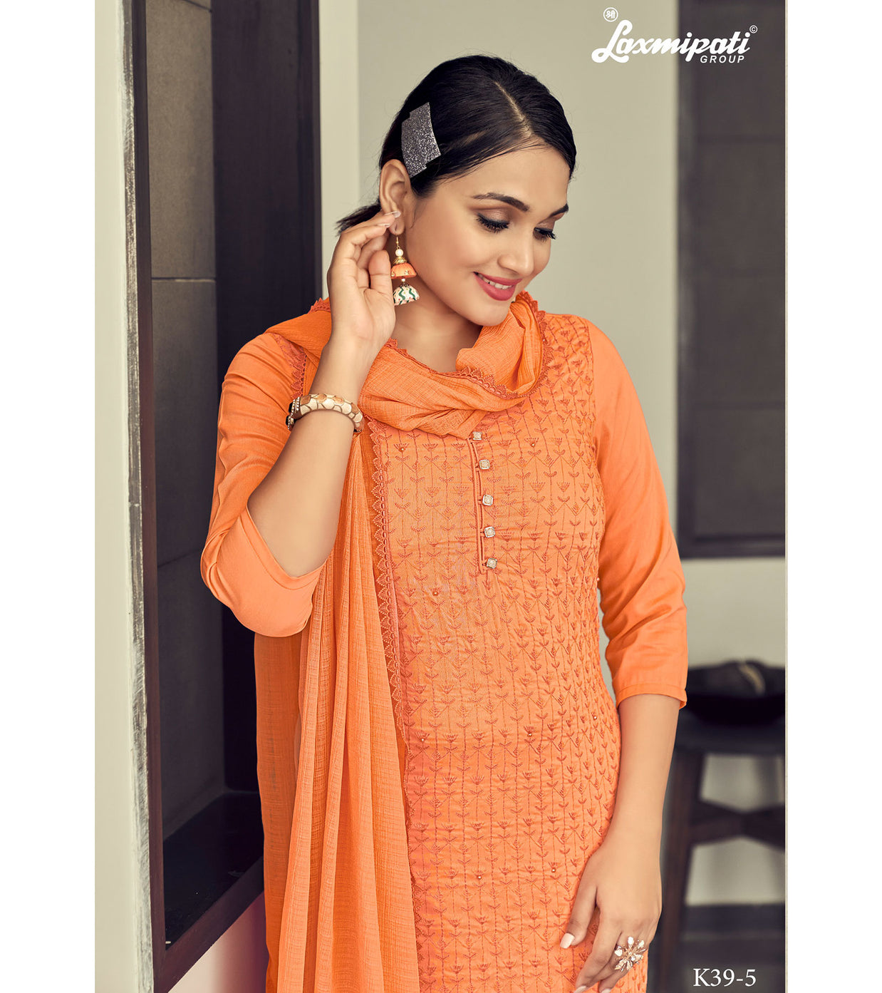 Laxmipati Vriteka   Muslin Salmon Straight Cut Kurti With Pant & Dupatta