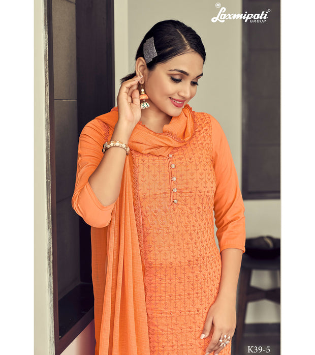 Laxmipati Vriteka   Muslin Salmon Straight Cut Kurti With Pant & Dupatta