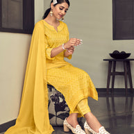 Laxmipati Vriteka  Muslin Yellow Straight Cut Kurti With Pant & Dupatta