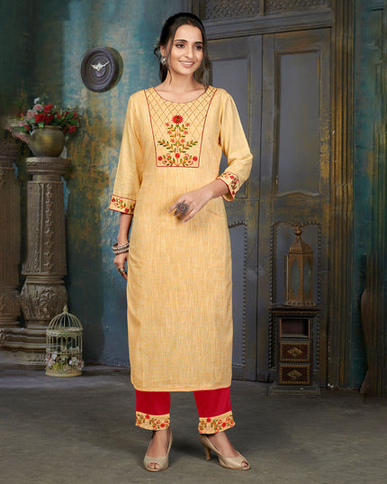 Laxmipati Cotton Polo Flex   Milky Yellow  Classy Straight Kurti With Simple Neck , While The Embroidery Detailed Bodice And Trims Add A Traditional Finishing Touch. Along With Pant