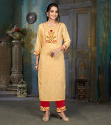 Laxmipati Cotton Polo Flex   Milky Yellow  Classy Straight Kurti With Simple Neck , While The Embroidery Detailed Bodice And Trims Add A Traditional Finishing Touch. Along With Pant