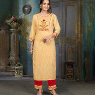 Laxmipati Cotton Polo Flex   Milky Yellow  Classy Straight Kurti With Simple Neck , While The Embroidery Detailed Bodice And Trims Add A Traditional Finishing Touch. Along With Pant