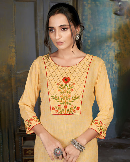 Laxmipati Cotton Polo Flex   Milky Yellow  Classy Straight Kurti With Simple Neck , While The Embroidery Detailed Bodice And Trims Add A Traditional Finishing Touch. Along With Pant