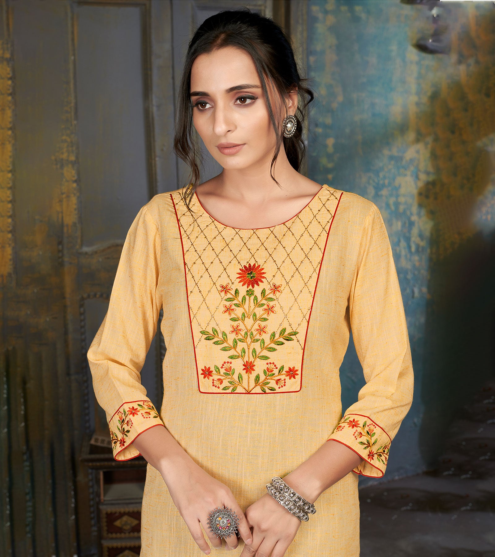 Laxmipati Cotton Polo Flex   Milky Yellow  Classy Straight Kurti With Simple Neck , While The Embroidery Detailed Bodice And Trims Add A Traditional Finishing Touch. Along With Pant