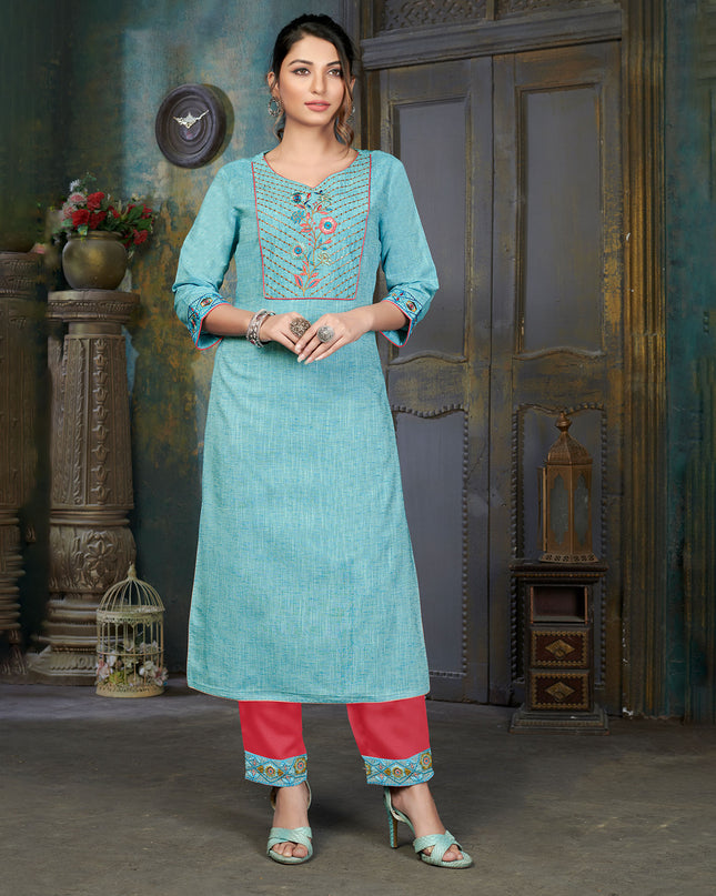 Laxmipati Cotton Polo Flex   Sky Blue Classy Straight Kurti With Simple Neck , While The Embroidery Detailed Bodice And Trims Add A Traditional Finishing Touch. Along With Pant