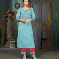 Laxmipati Cotton Polo Flex   Sky Blue Classy Straight Kurti With Simple Neck , While The Embroidery Detailed Bodice And Trims Add A Traditional Finishing Touch. Along With Pant