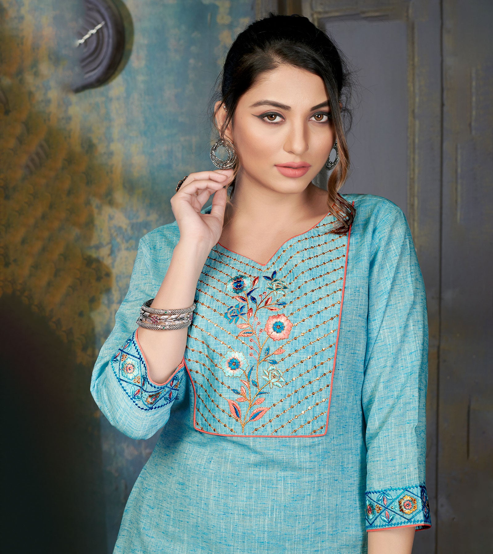 Laxmipati Cotton Polo Flex   Sky Blue Classy Straight Kurti With Simple Neck , While The Embroidery Detailed Bodice And Trims Add A Traditional Finishing Touch. Along With Pant