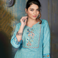 Laxmipati Cotton Polo Flex   Sky Blue Classy Straight Kurti With Simple Neck , While The Embroidery Detailed Bodice And Trims Add A Traditional Finishing Touch. Along With Pant