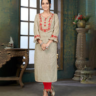 Laxmipati Cotton Polo Flex   Venila Brown Classy Straight Kurti With Simple Neck , While The Embroidery Detailed Bodice And Trims Add A Traditional Finishing Touch. Along With Pant