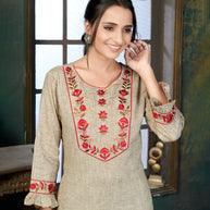 Laxmipati Cotton Polo Flex   Venila Brown Classy Straight Kurti With Simple Neck , While The Embroidery Detailed Bodice And Trims Add A Traditional Finishing Touch. Along With Pant