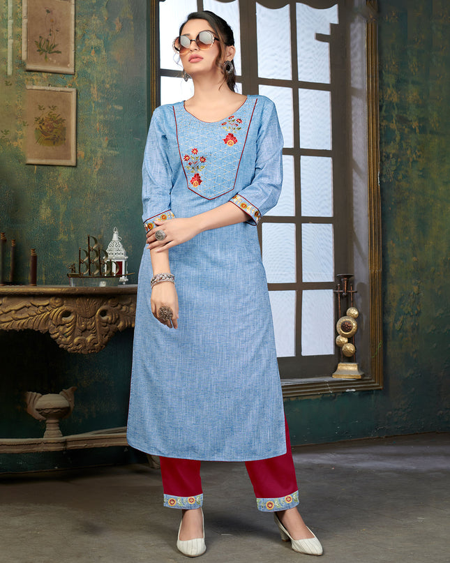 Laxmipati Cotton Polo Flex   Whale Blue Classy Straight Kurti With Simple Neck , While The Embroidery Detailed Bodice And Trims Add A Traditional Finishing Touch. Along With Pant
