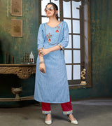 Laxmipati Cotton Polo Flex   Whale Blue Classy Straight Kurti With Simple Neck , While The Embroidery Detailed Bodice And Trims Add A Traditional Finishing Touch. Along With Pant