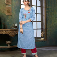 Laxmipati Cotton Polo Flex   Whale Blue Classy Straight Kurti With Simple Neck , While The Embroidery Detailed Bodice And Trims Add A Traditional Finishing Touch. Along With Pant