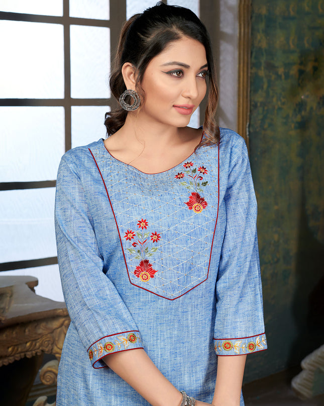 Laxmipati Cotton Polo Flex   Whale Blue Classy Straight Kurti With Simple Neck , While The Embroidery Detailed Bodice And Trims Add A Traditional Finishing Touch. Along With Pant