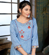 Laxmipati Cotton Polo Flex   Whale Blue Classy Straight Kurti With Simple Neck , While The Embroidery Detailed Bodice And Trims Add A Traditional Finishing Touch. Along With Pant