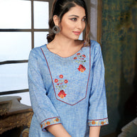 Laxmipati Cotton Polo Flex   Whale Blue Classy Straight Kurti With Simple Neck , While The Embroidery Detailed Bodice And Trims Add A Traditional Finishing Touch. Along With Pant