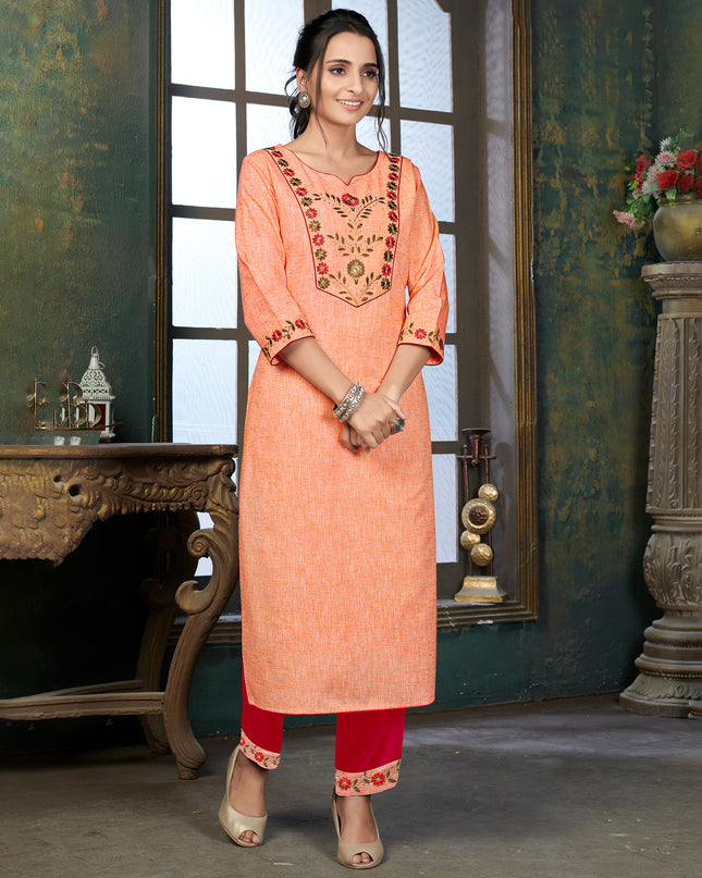 Laxmipati Cotton Polo Flex   Melon Orange Classy Straight Kurti With Simple Neck , While The Embroidery Detailed Bodice And Trims Add A Traditional Finishing Touch. Along With Pant