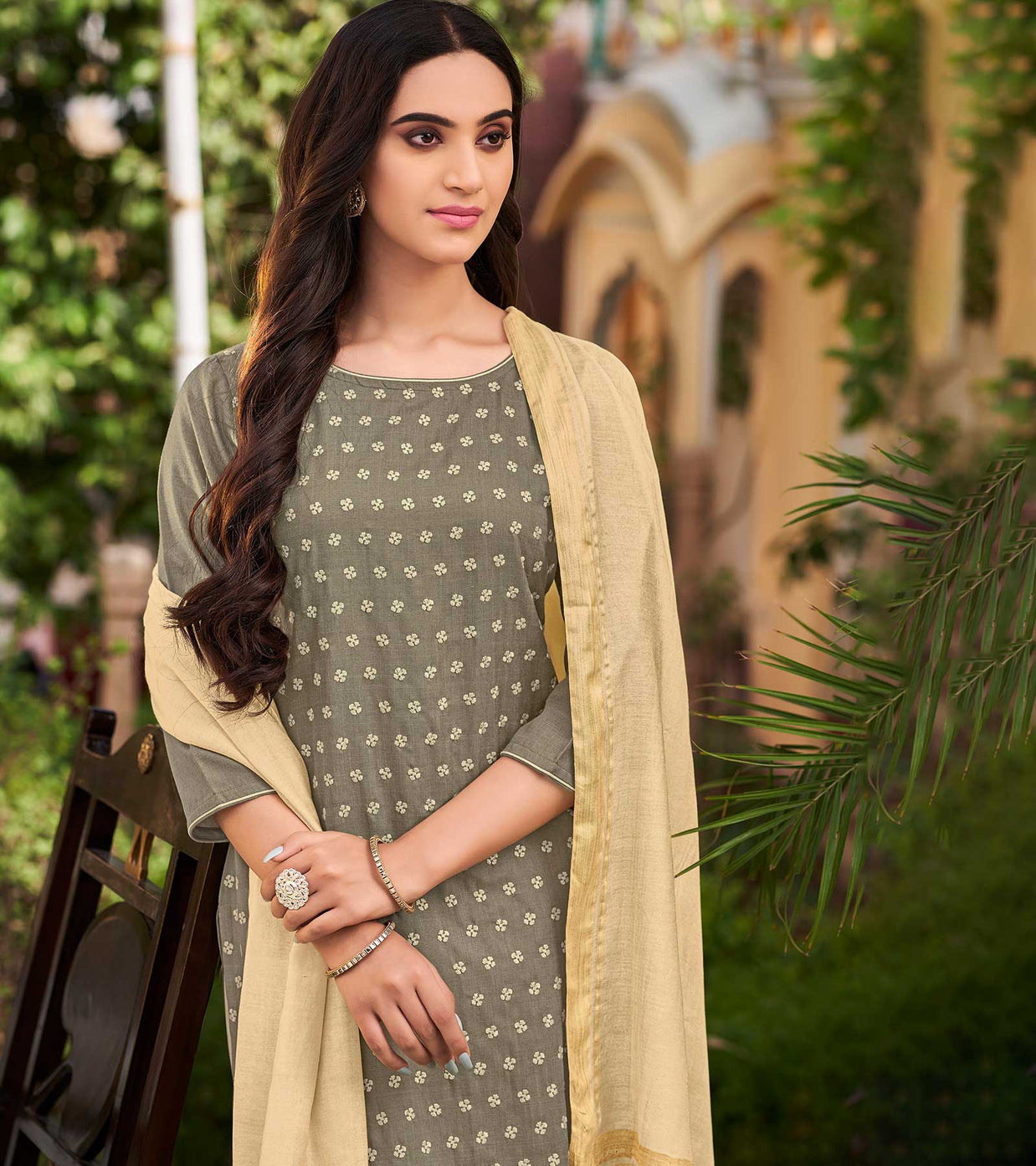 Laxmipati Cotton  Slub Grey Straight Schiffli Work Top With Cotton Dupatta And Pant