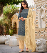 Laxmipati Cotton  Slub Dusty Blue Straight Schiffli Work Top With Cotton Dupatta And Pant