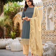 Laxmipati Cotton  Slub Dusty Blue Straight Schiffli Work Top With Cotton Dupatta And Pant