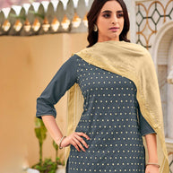 Laxmipati Cotton  Slub Dusty Blue Straight Schiffli Work Top With Cotton Dupatta And Pant