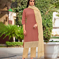 Laxmipati Cotton  Slub Rust Straight Schiffli Work Top With Cotton Dupatta And Pant