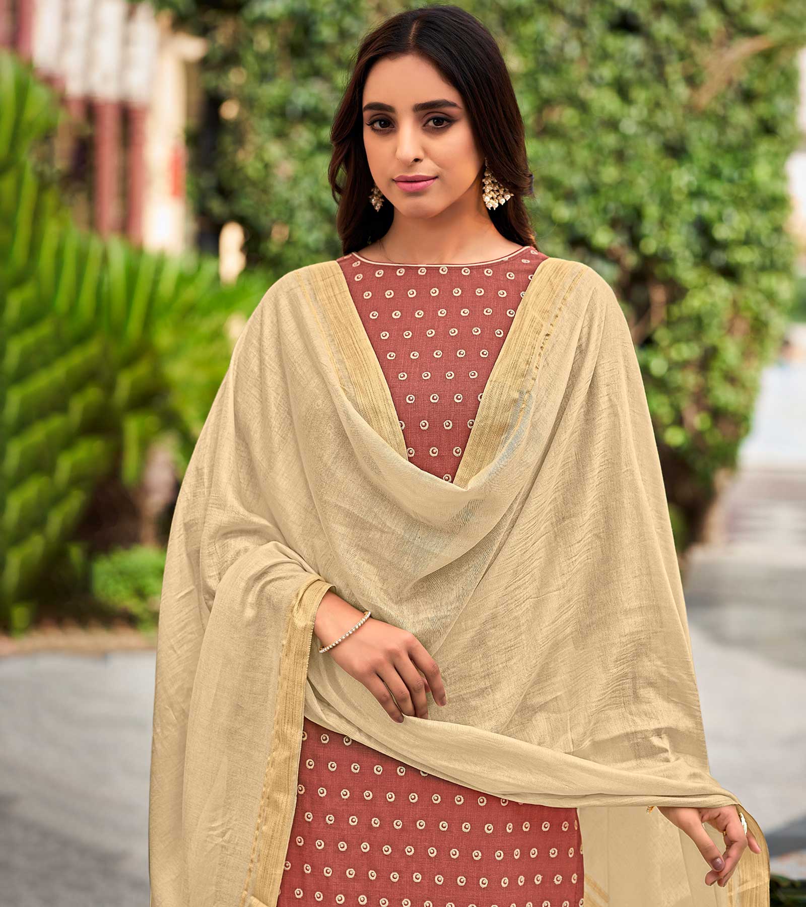 Laxmipati Cotton  Slub Rust Straight Schiffli Work Top With Cotton Dupatta And Pant