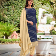Laxmipati Cotton  Slub Navy Blue Straight Schiffli Work Top With Cotton Dupatta And Pant