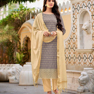 Laxmipati Cotton  Slub Dusty Grey Straight Schiffli Work Top With Cotton Dupatta And Pant