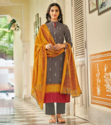 Laxmipati Ekansha K46-3 Jugnoo Viscose Mitti Grey With Mustard Red Straight Cut Kurti With Pant & Dupatta