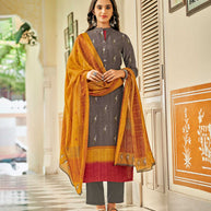 Laxmipati Ekansha K46-3 Jugnoo Viscose Mitti Grey With Mustard Red Straight Cut Kurti With Pant & Dupatta