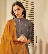 Laxmipati Ekansha K46-3 Jugnoo Viscose Mitti Grey With Mustard Red Straight Cut Kurti With Pant & Dupatta