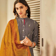 Laxmipati Ekansha K46-3 Jugnoo Viscose Mitti Grey With Mustard Red Straight Cut Kurti With Pant & Dupatta