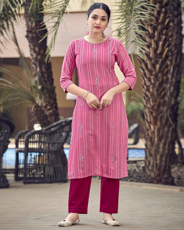 Laxmipati Lily Cotton Magenta Pink Straight Kurti With Embroidery Butti