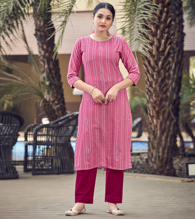 Laxmipati Lily Cotton Magenta Pink Straight Kurti With Embroidery Butti