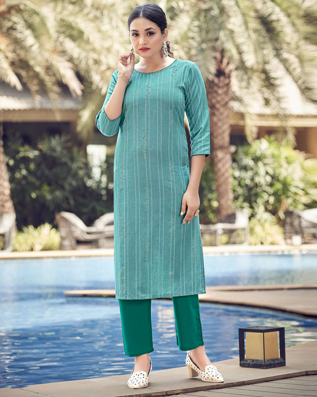 Laxmipati Lily Cotton Teal Blue Straight Kurti With Embroidery Butti