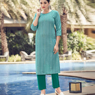 Laxmipati Lily Cotton Teal Blue Straight Kurti With Embroidery Butti