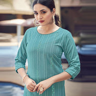 Laxmipati Lily Cotton Teal Blue Straight Kurti With Embroidery Butti