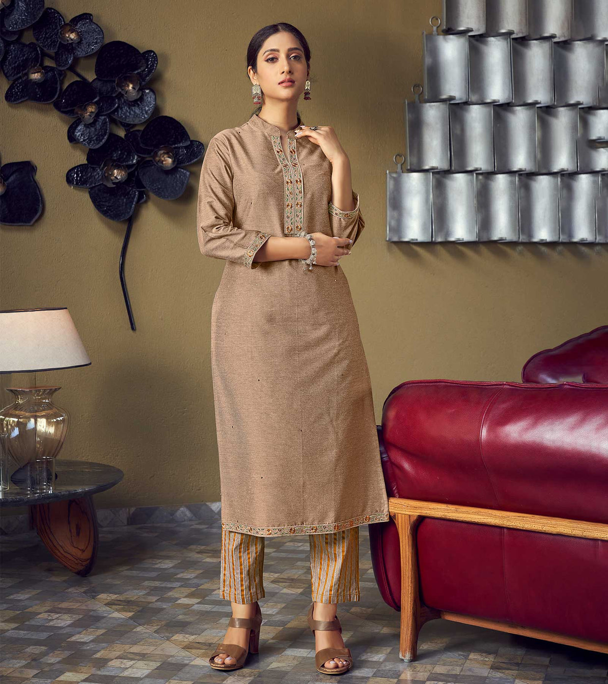 Laxmipati Cotton Sand Color  Straight Cut Kurti With Pant