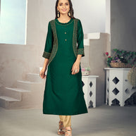 Laxmipati Maslin  Sacramento Green Straight Cut Kurti Has Round Neck Variation , Embroidered Cufe &  Different Yoke Pattern