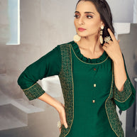Laxmipati Maslin  Sacramento Green Straight Cut Kurti Has Round Neck Variation , Embroidered Cufe &  Different Yoke Pattern