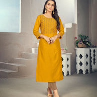 Laxmipati Maslin Fire Yellow Straight Cut Kurti Has Round Neck Variation , Embroidered Cufe &  Different Yoke Pattern